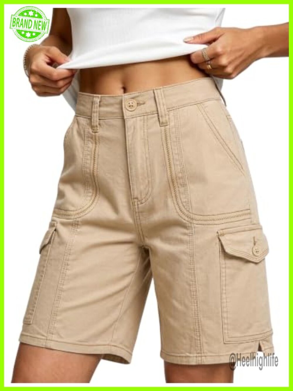 Womens Bermuda Shorts Knee Length High Waisted Cargo Pockets Cotton Blend